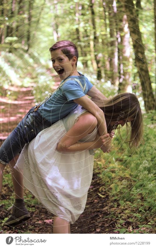 teasing Girl Boy (child) Brothers and sisters Sister Infancy 2 Human being 8 - 13 years Child Summer Park Forest Laughter Playing Carrying Brash Happiness