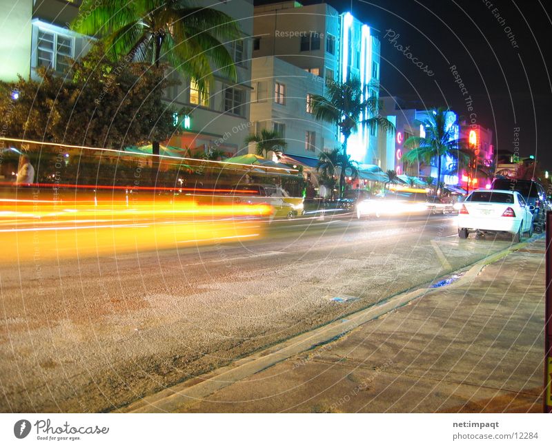 Ocean Drive at night Miami Neon light Night Exposure Florida North America USA Street Car south beach