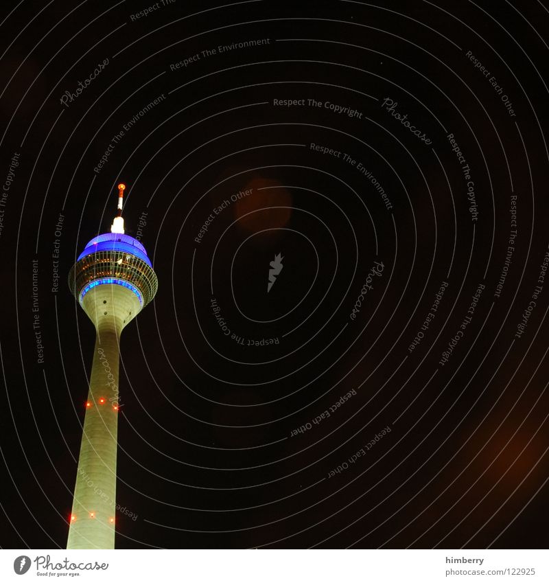 radiotowercase II Rheinturm Lifestyle Night life Transmit Transmitting station Landmark Monument Modern Duesseldorf Rhine Berlin TV Tower Evening Street Blue