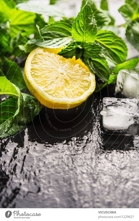 Lemon, mint and ice cubes for lemonade Food Fruit Herbs and spices Nutrition Organic produce Vegetarian diet Diet Beverage Lemonade Juice Style Design