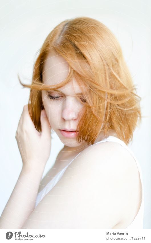 Redhead in the wind Human being Feminine Young woman Youth (Young adults) 1 18 - 30 years Adults T-shirt Red-haired Long-haired Touch Relaxation Flying Dream