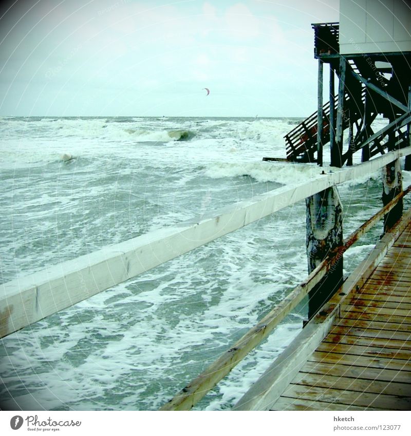 water music Ocean Beach Footbridge Flood Waves White crest Wet Salty Sea water Storm Gale Force of nature Helpless Wind Passion Autumn Water High tide