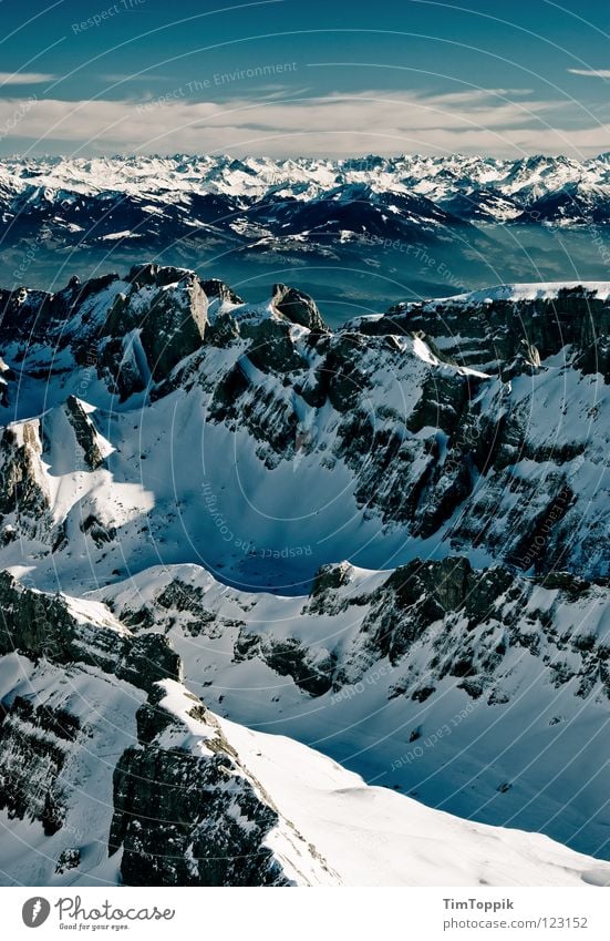 Elder-capped Doddle Fog Steep Incline Slope Mountaineering Mount Säntis Canton Appenzell Vantage point Winter Panorama (View) Switzerland Mountain range