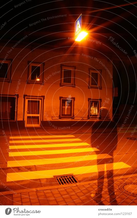 transience of being Town Zebra crossing Light Man Transparent House (Residential Structure) Lighting Oppressive Dark Mystic Night Long exposure Window