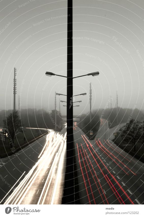 speed of light Speed Light Lamp Long exposure Dark Night Gray Red Yellow Symmetry Junction Expressway exit Far-off places Car Electricity pylon Evening Street