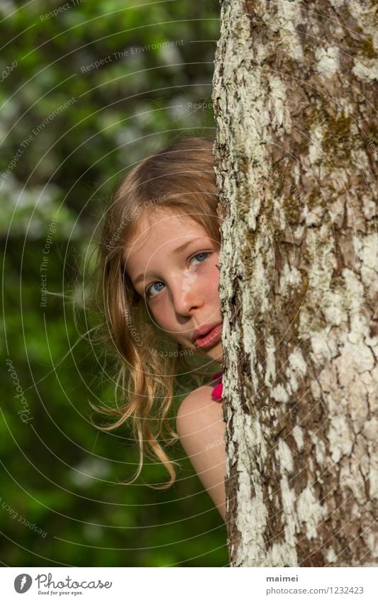 Cuckoo here I am Joy Beautiful Playing Children's game Summer Schoolchild Girl 1 Human being 3 - 8 years Infancy Nature Spring Tree Blonde Long-haired Discover