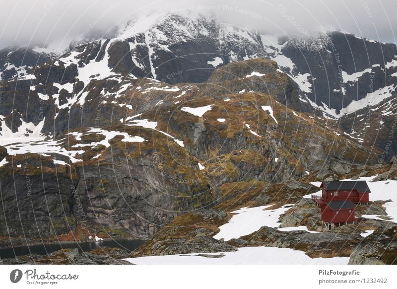 Munkebu - Lofoten Nature Landscape Clouds Fog Snow Moss Rock Mountain Peak Snowcapped peak Lake Hut Calm Loneliness Adventure Lanes & trails Target refuge