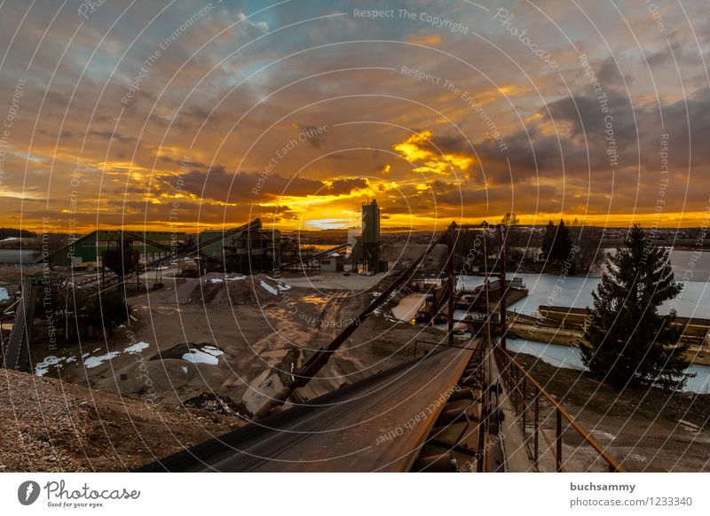 Sunset in the gravel plant Winter Industry Construction site Company Rope Landscape Water Sky Clouds Sunrise Sunlight Spring Warmth Lake Watercraft Blue Brown