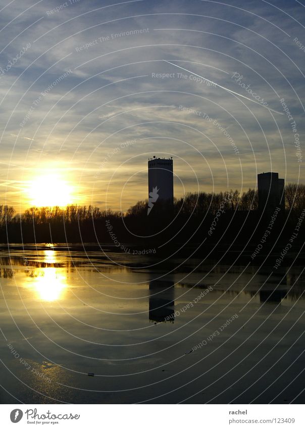 time-out Harmonious Winter Landscape Sky Clouds Horizon Weather Ice Frost Tree Bushes Lakeside Tower Building Freeze Cold Kitsch Gold Moody Grain silo