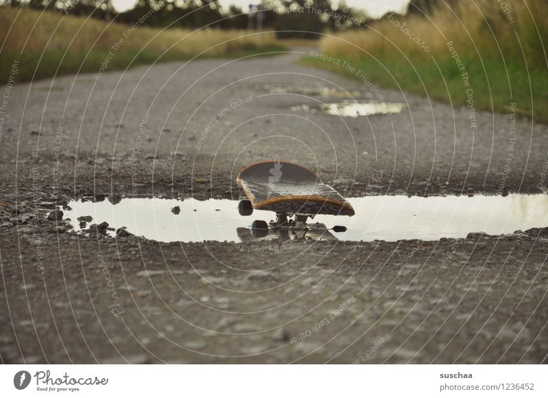 the skateborard Lanes & trails Asphalt Footpath Exterior shot Wet Puddle Skateboarding Infancy Childhood memory Freedom Sports Playing