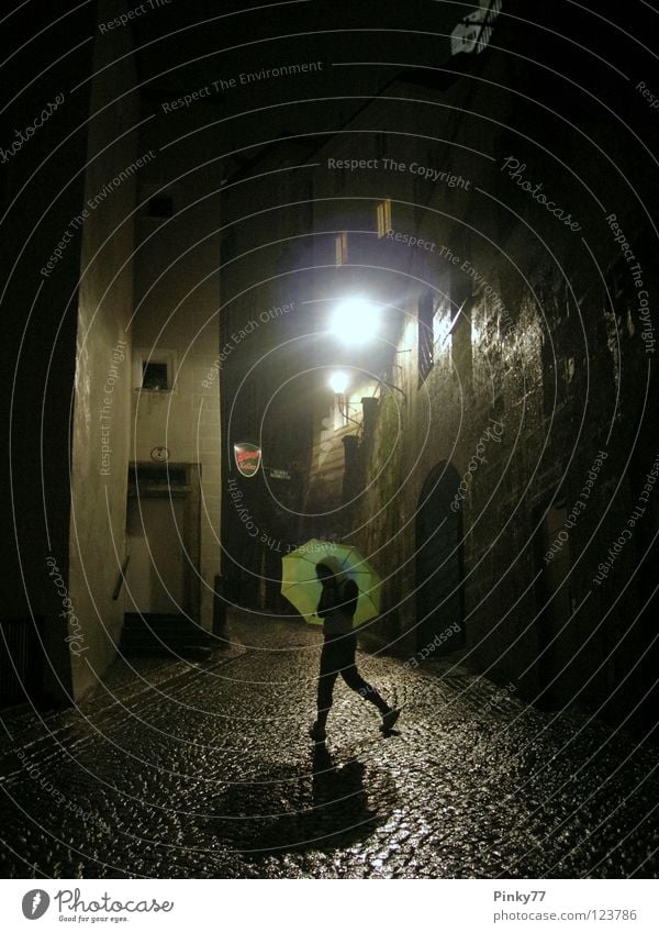 rainy night Night Alley Wet Street lighting Autumn Austria Woman Dark Eerie Historic Green Rain Umbrella Old town Salzburg Silhouette Canopy Mönchsberg