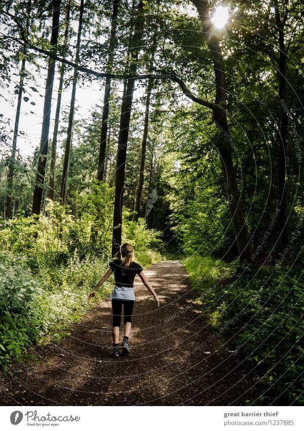 Happy child in the forest Human being Feminine Girl Infancy 1 8 - 13 years Child Environment Nature Landscape Animal Spring Summer Beautiful weather Forest