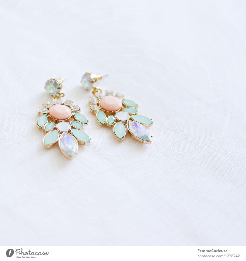 Jewellery_01 Accessory Earring Esthetic Beautiful Feminine Glittering Mint green Pink Delicate Wedding Lie White Cloth Tasty Elegant Pastel tone Fashion