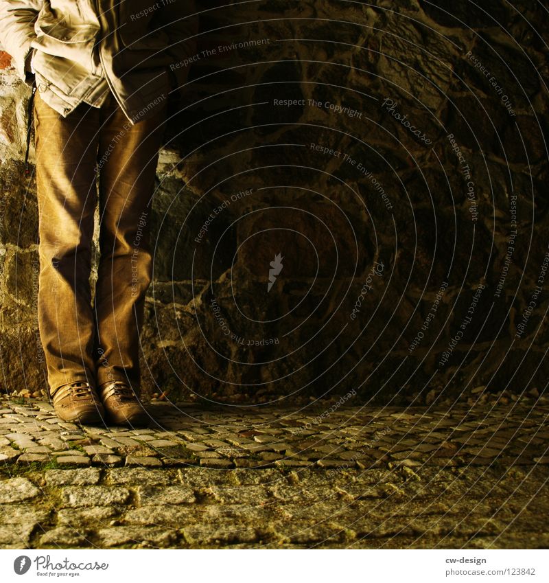 ...so he stood there! Stone wall Cobblestones Seam Pattern Stripe Linearity Flat Square Mathematics Dark Black White Man Masculine Dirty Footwear Pants Yellow