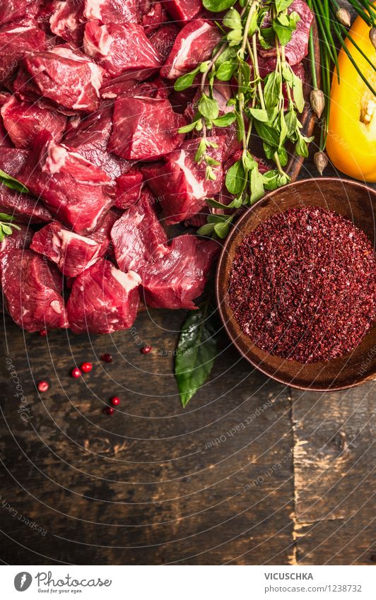 meat cubes, herbs and spices on the wooden table Food Meat Vegetable Herbs and spices Nutrition Lunch Dinner Banquet Organic produce Bowl Style Design