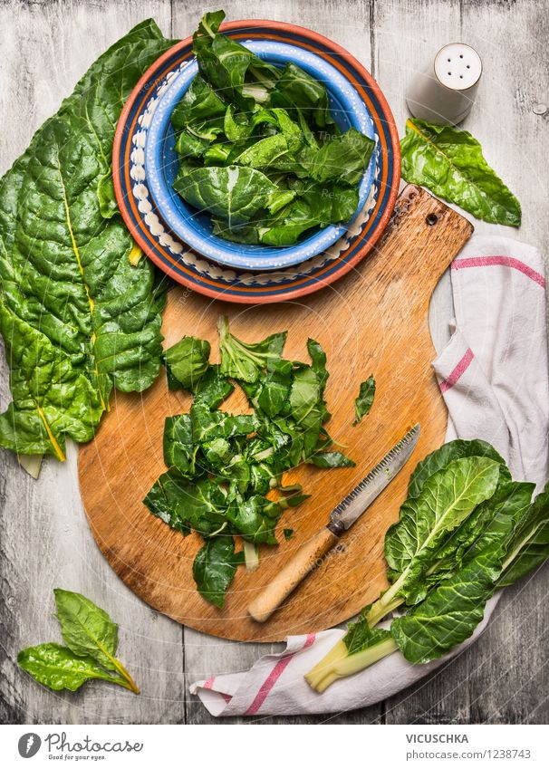 Preparing chard from the garden Food Vegetable Lettuce Salad Herbs and spices Nutrition Dinner Organic produce Vegetarian diet Diet Plate Bowl Pot Knives Style