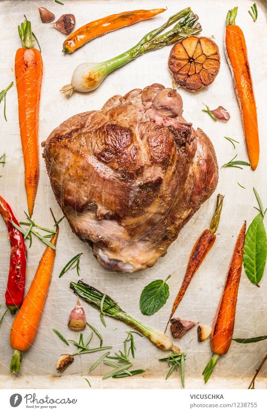 Leg of lamb roast with roasted vegetables Food Meat Vegetable Herbs and spices Nutrition Banquet Style Design Healthy Eating Life Feasts & Celebrations Easter