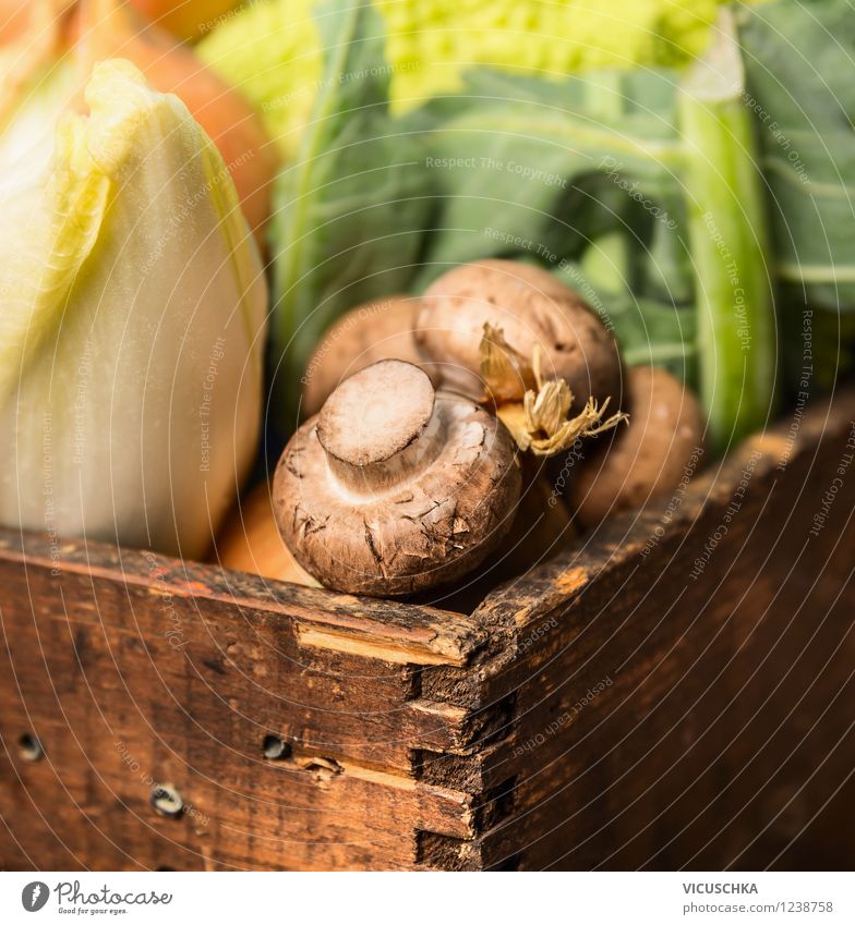 Mushrooms with vegetables in old wooden box Food Vegetable Nutrition Organic produce Vegetarian diet Diet Style Design Healthy Eating Life Garden Nature