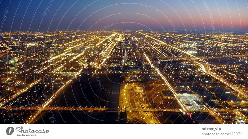 Chicago by Night Bright Lighting Americas Town Bird's-eye view Evening Dark Street lighting Lamp Progress Horizon Smog Sunset Traffic infrastructure by night