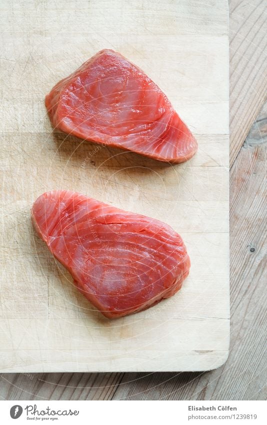 raw tuna Fish Fresh Healthy Red Raw Chopping board Ingredients Healthy Eating Tuna fish Wooden board 2 Food Colour photo Studio shot Bird's-eye view