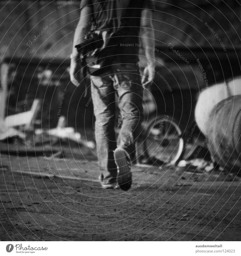 ::Headless:: Black White Man Masculine Footwear Pants T-shirt Bag Derelict Territory Summer Physics Trash Industry Black & white photo Walking Legs Arm Jeans