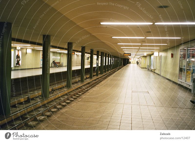 subway perspective Underground Light Subsoil Empty Night Public transit Means of transport Shaft Speed Tunnel Europe Lamp Commuter Deserted Interior shot