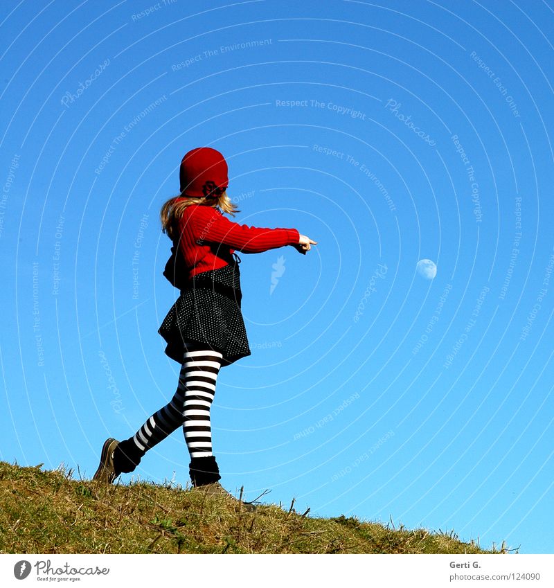 moon girl Heavenly Girl Multicoloured Sky blue Red Cardigan Baseball cap Cap Grass Green Meadow Hill Tights Striped Dress Spotted Chucks Blonde