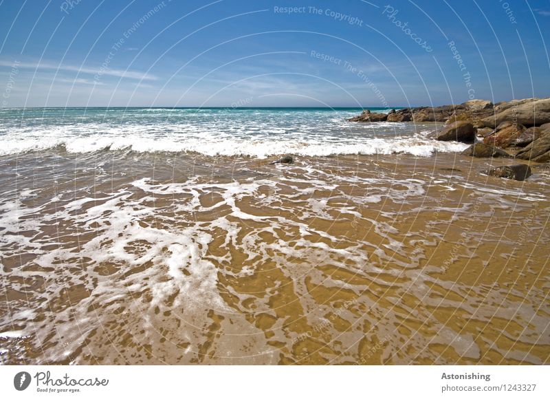 water pattern Environment Nature Landscape Sand Water Sky Clouds Horizon Summer Weather Beautiful weather Rock Waves Coast Ocean Atlantic Ocean Morocco Stone