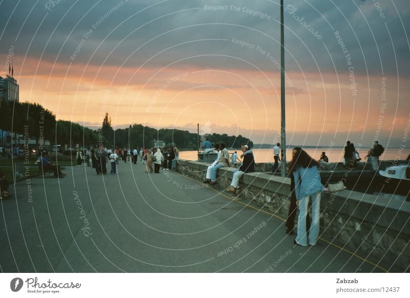 promenade Promenade Lake Geneva Wall (barrier) Water Coast Human being Street