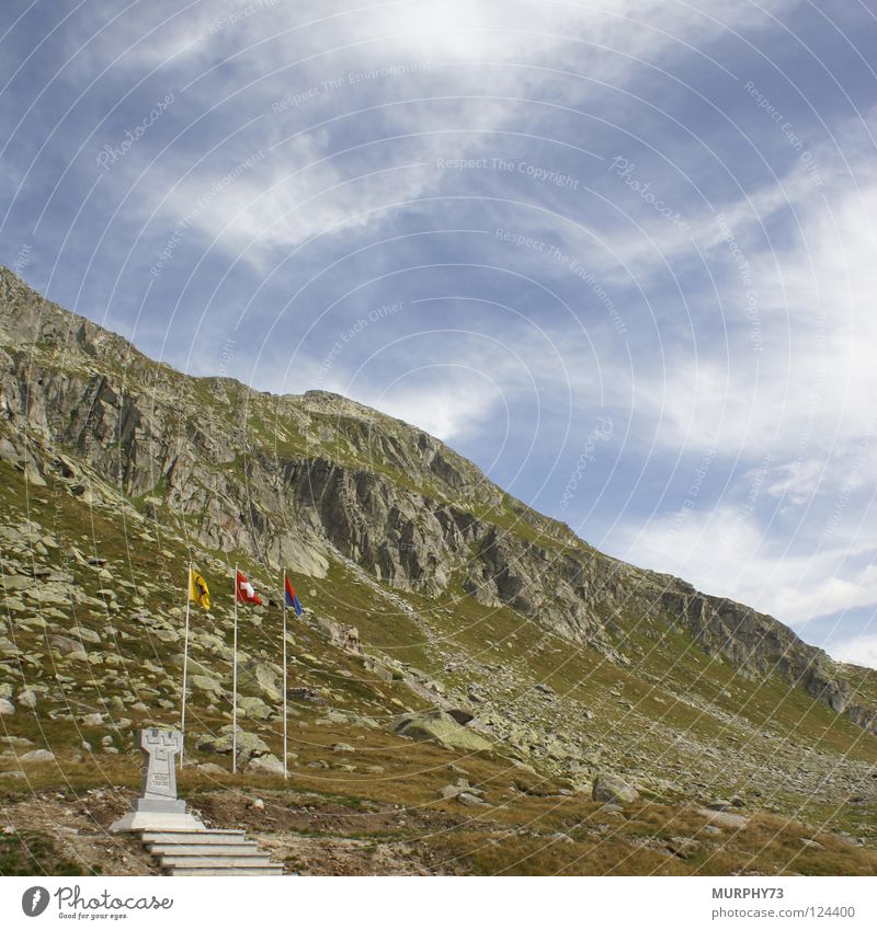 Gotthard Pass FWK Monument Mount Gotthard Clouds Grass Granite Flag Switzerland Mountain Summer Gotthard pass Sky cirrostratus clouds granite rocks Rock