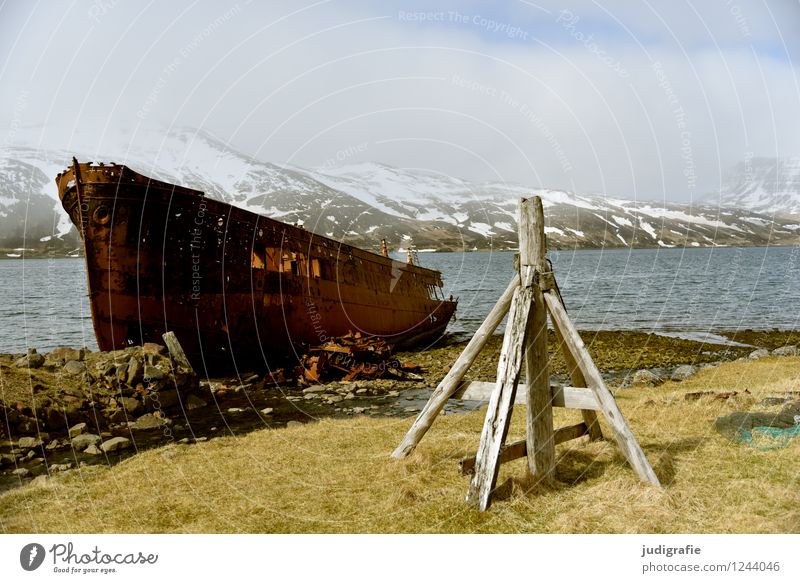 Iceland Environment Nature Landscape Climate Weather Frost Mountain Peak Snowcapped peak Fjord Westfjord Navigation Fishing boat Old Cold Broken Maritime