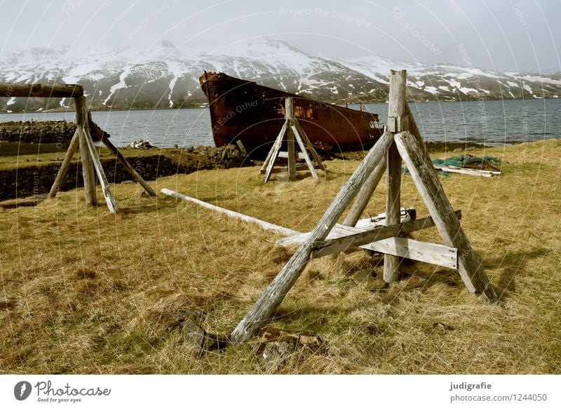 Iceland Environment Nature Landscape Climate Mountain Snowcapped peak Coast Fjord Djupavik Fishing village Harbour Navigation Watercraft Wreck Trawler Old