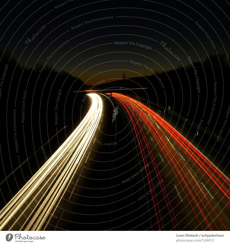 Follow the Sun Street Highway Long exposure Motor vehicle Bridge Sunset Stripe Light White Red Night Evening Dark Line Progress Shadow Traffic infrastructure