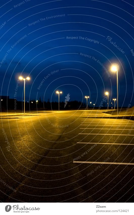 parking space Parking Parking lot Light Long exposure Lantern Yellow Black Night sky Glittering Traffic infrastructure Evening Signs and labeling Lamp