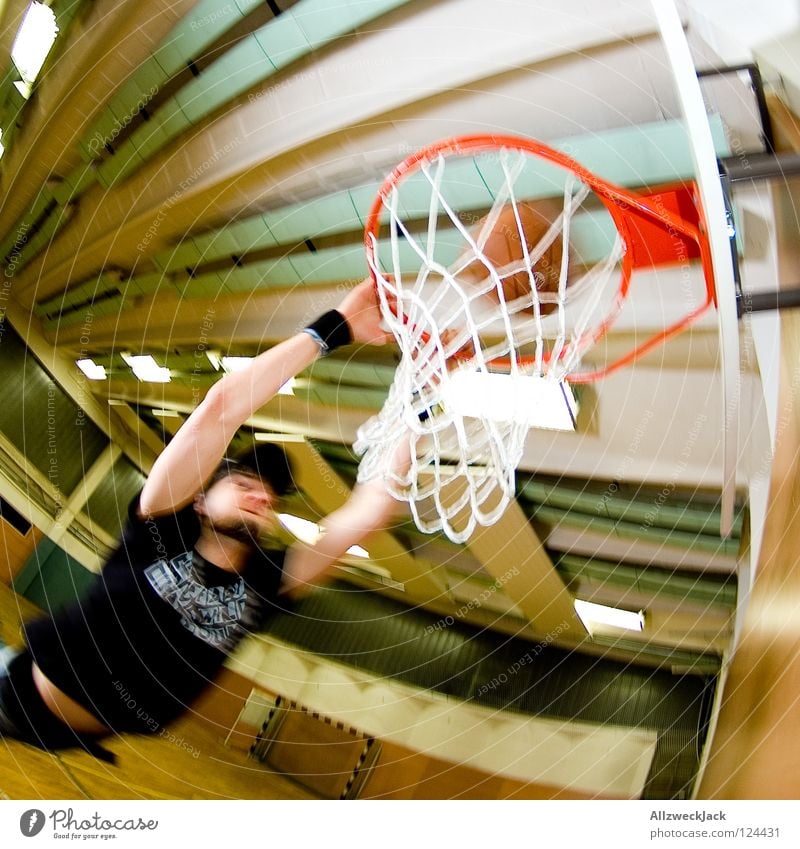 Slam! School sport Gymnasium Basketball basket Parquet floor Man Basketball player Jump Action Score Male preserve Loneliness Joy Sports Playing Ball sports