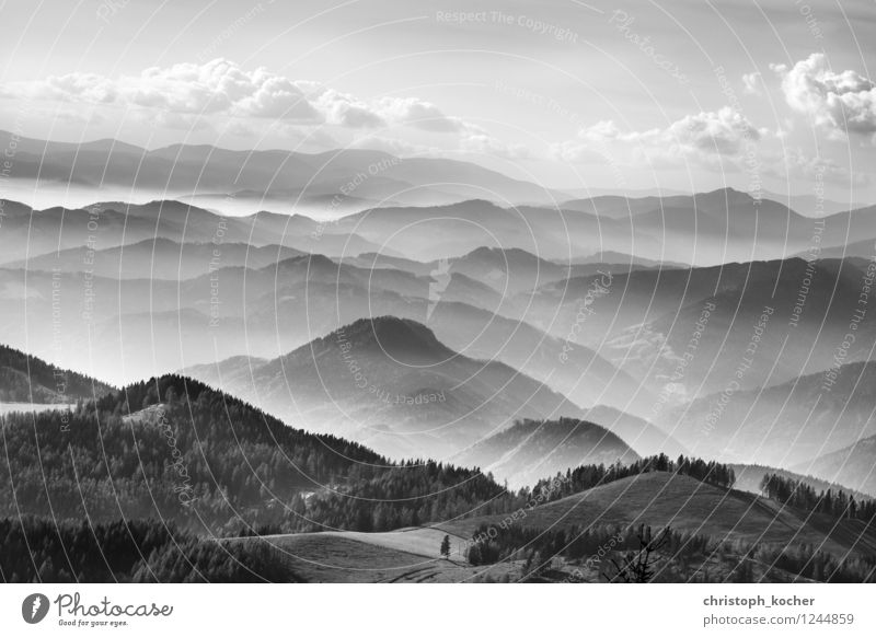 mountains Environment Nature Landscape Sky Clouds Horizon Autumn Fog Alps Mountain Peak Relaxation Flying Esthetic Black White Calm Exterior shot Deserted