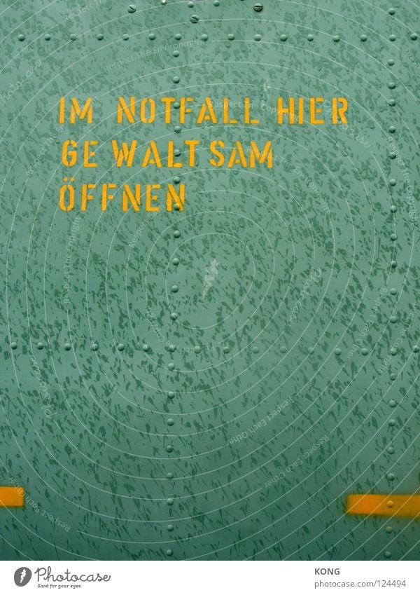 in distress ... Letters (alphabet) Stencil Green Yellow Typography Emergency Undo Demand Entrance Way out Force Varnished Anger Aggravation Signage Industry