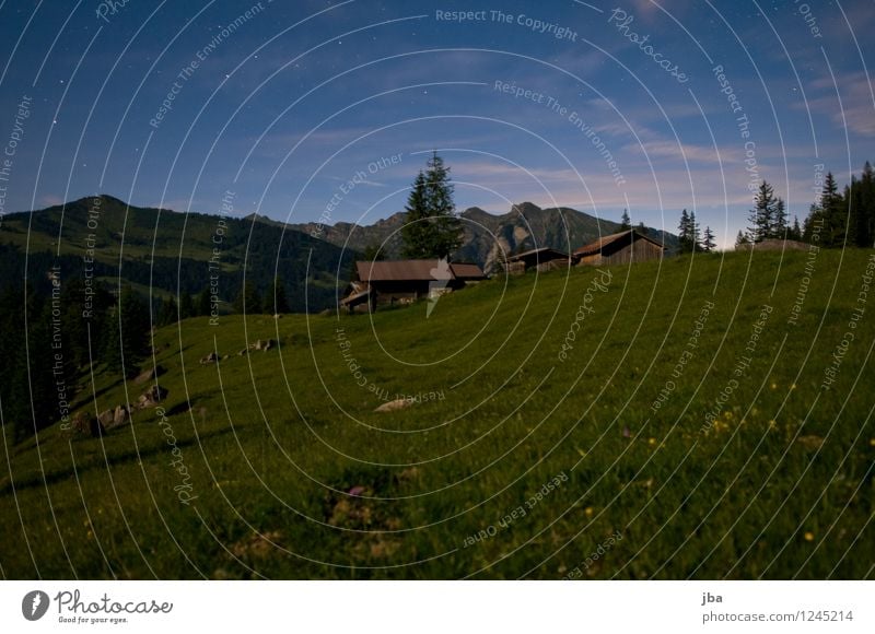 at night on the alp Calm Mountain Hut Alpine pasture alphabet Barn Landscape Night sky Beautiful weather Grass Meadow Alps sidewalk Saanenland Switzerland Sleep