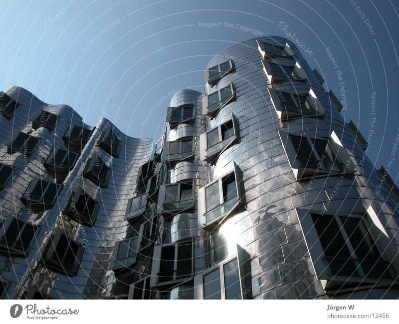 Gehry buildings House (Residential Structure) Steel Zollhof Warped Sky Port Architecture Tall Duesseldorf Harbour high blue bent Tilt