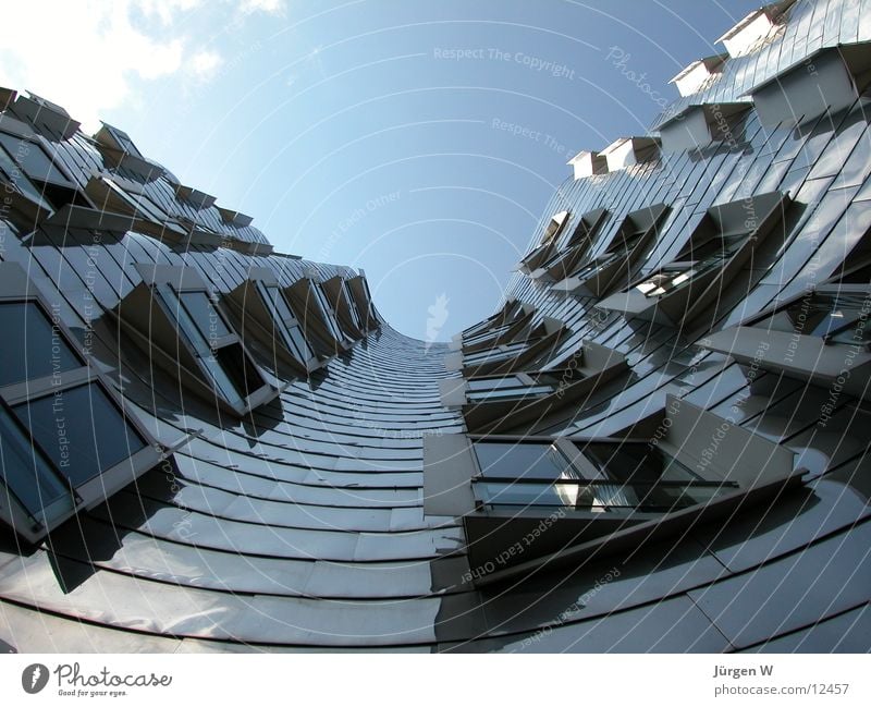 Gehry buildings House (Residential Structure) Steel Zollhof Warped Sky Port Architecture Tall Duesseldorf Harbour high blue bent Tilt