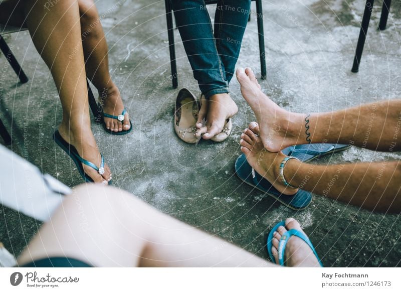 Four pairs of feet in flipflops Lifestyle Relaxation Vacation & Travel Freedom Summer Summer vacation Living or residing Flat (apartment) Chair Human being