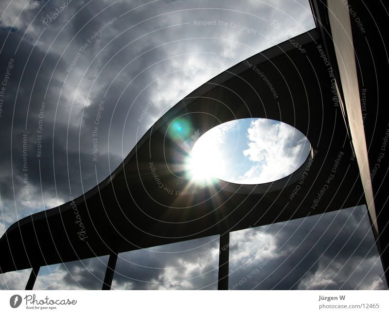 breakthrough Roof Business centre Back-light Clouds Dramatic Radiation Light Gray Sky Architecture Duesseldorf Sun back light dramatically grey