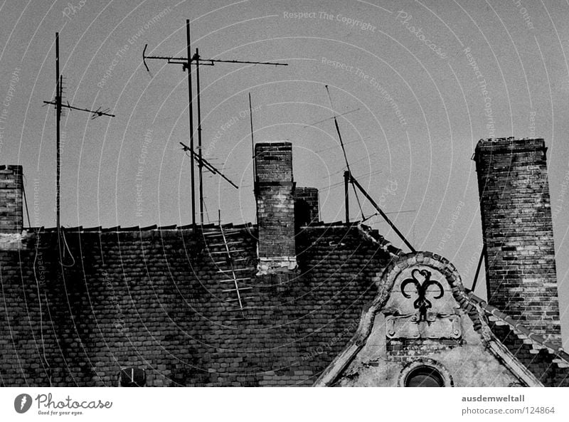 IAntennaI Roof Gable Brick Window Gray Derelict Friedrichshain East Detail Black & white photo Chimney Stone Old Above Sky