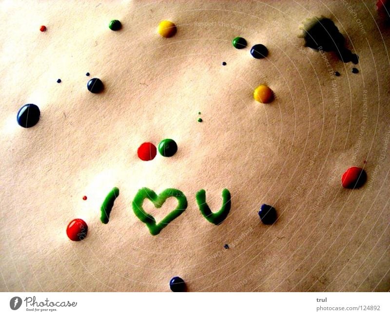 I <3 you Watercolor Paper Green Red Yellow Love splotches of paint Heart Blue