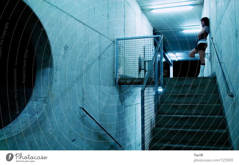 waiting for .... ? Parking garage Parking level Garage Underground garage Concrete Asphalt Wall (building) Parking lot Woman Feminine Beautiful Far-off places