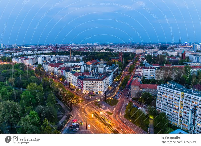 Traffic in Berlin Skyline Rush hour Motoring Street Movement Illuminate Nacht Night sky Traffic lane Traffic infrastructure Light blue hour Panorama (View)