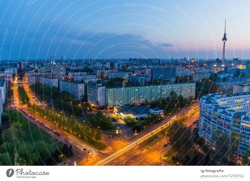 Berlin bei Nacht Berlin TV Tower Germany Capital city Landmark Warm-heartedness Romance night Long exposure Architecture Beautiful Blue sky Panorama (View)