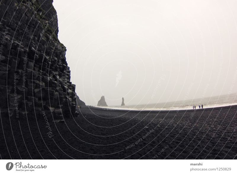 Rock needles in fog Nature Landscape Summer Climate Weather Gale Fog Rain Coast Beach Ocean Island Emotions Moody Iceland Travel photography Black & white photo