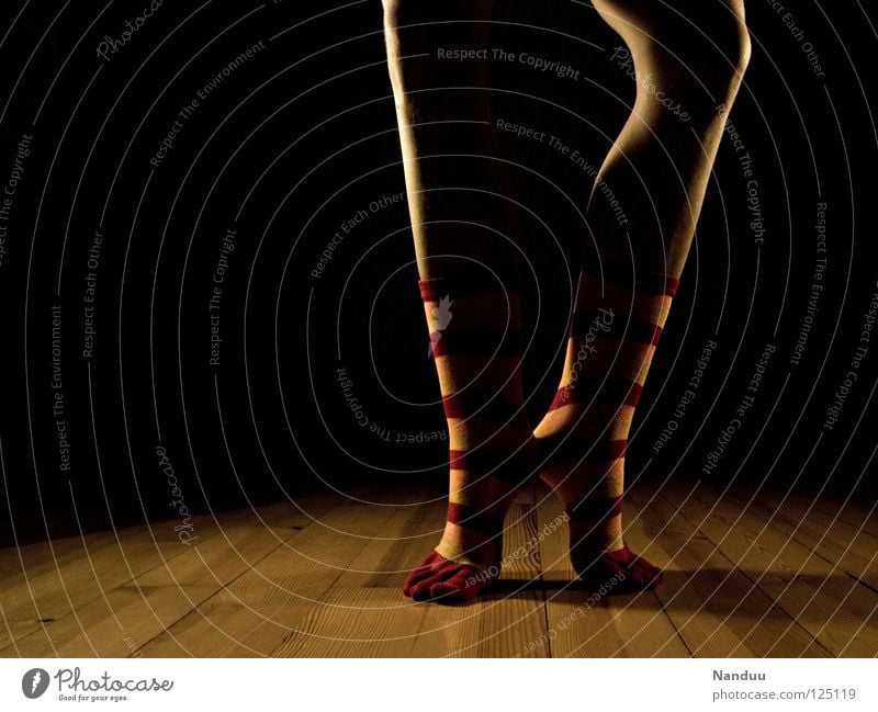 La danse des chaussettes quietly. Stockings Striped socks Sock Ballet Parquet floor Stage Dark Floodlight Dance Low-key Art Culture Playing toe sock toe socks