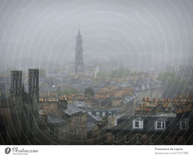 Edinburgh in the fog City trip Scotland Great Britain Europe Town Capital city Downtown Deserted Church Roof Chimney Dark Creepy Historic Cold Brown Gray Calm